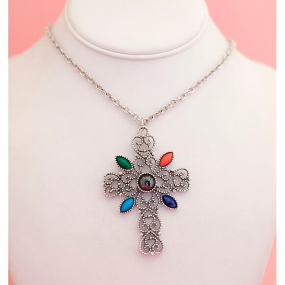 Vintage Celtic Multi Stones Cross Necklace by Avon 24 inch - P9 - Picture 2 of 3